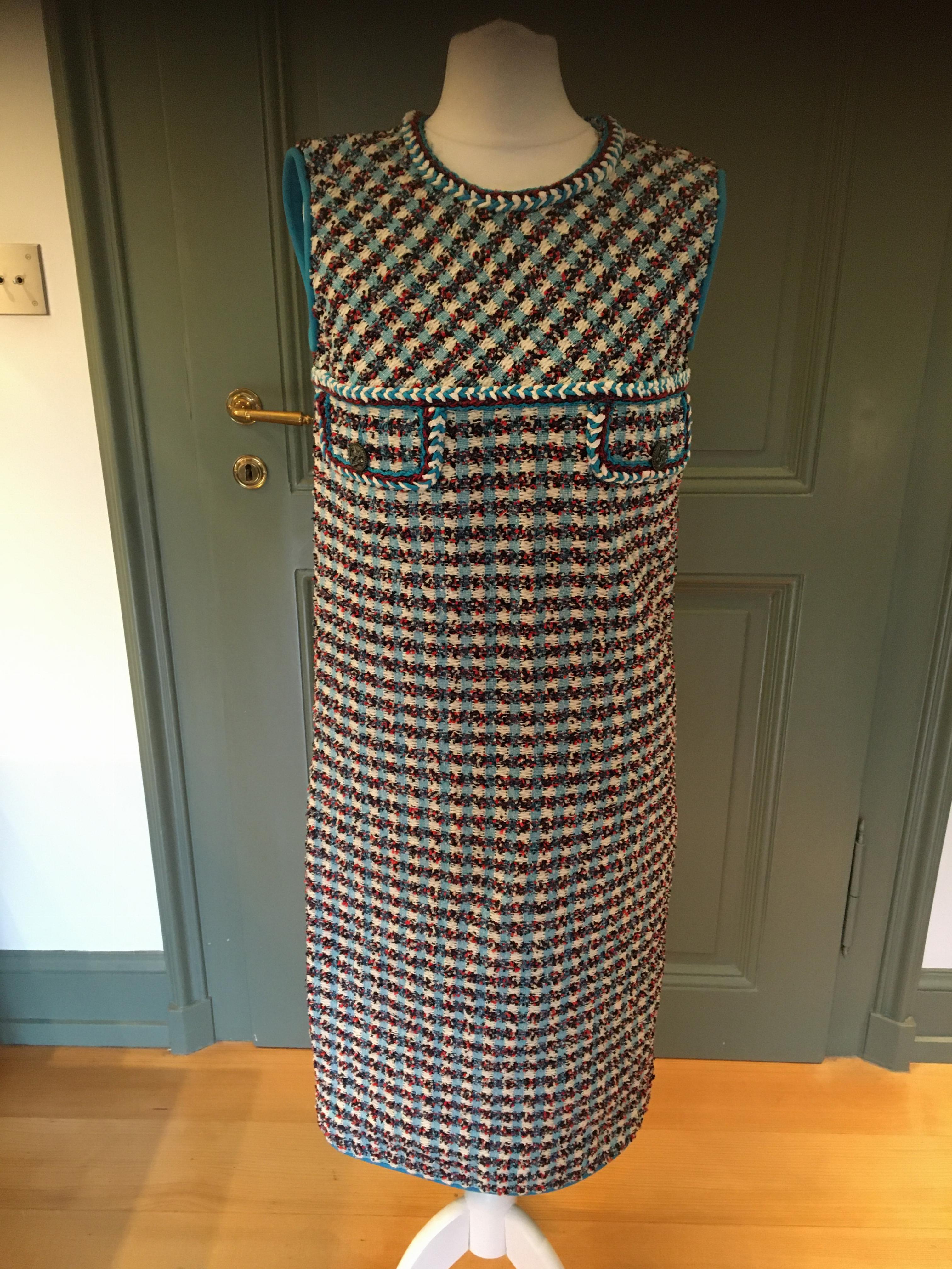 Preowned Chanel Turquoise Cuba Tweed Sleeveless Dress Size XS Blue