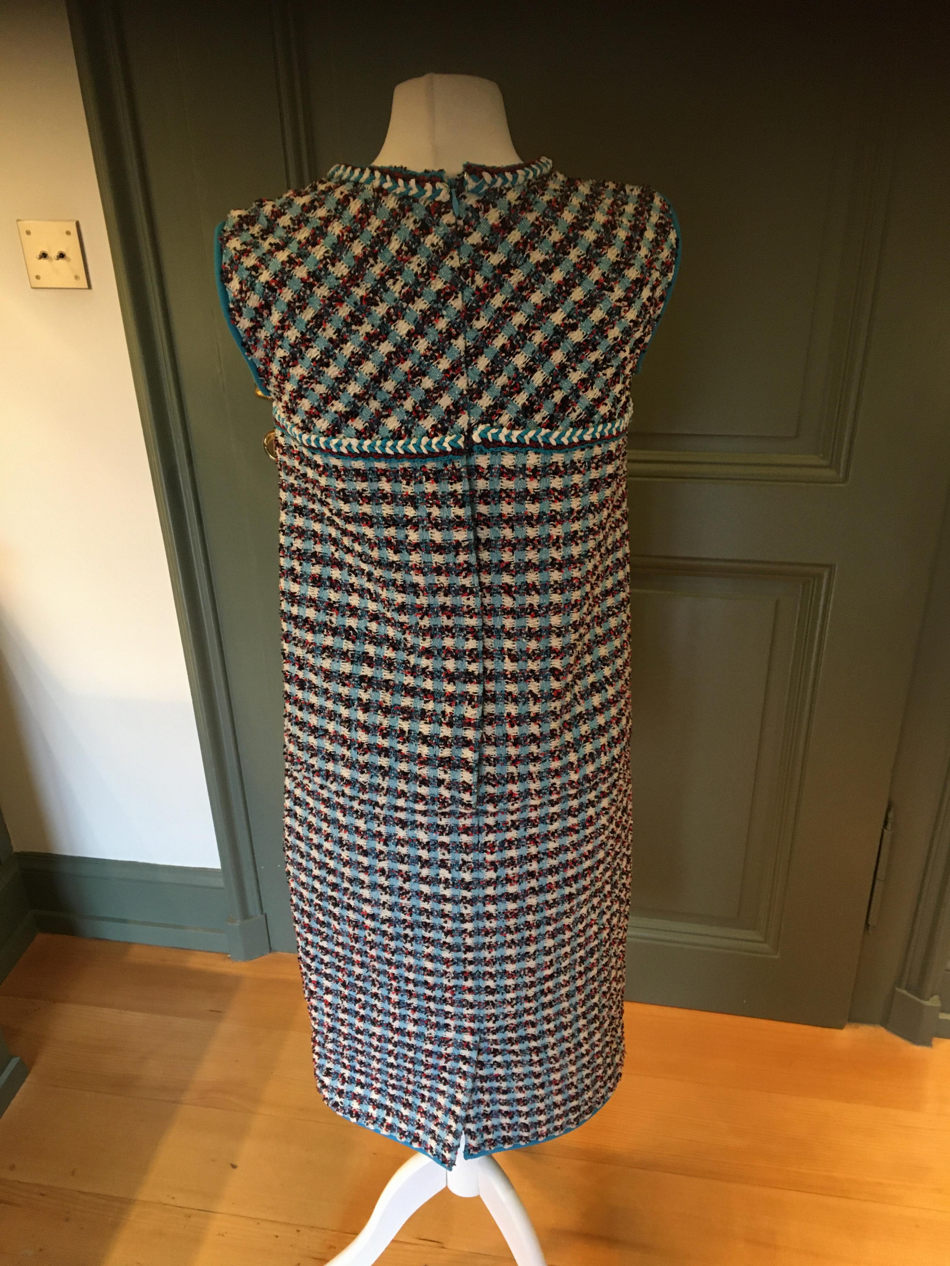 Preowned Chanel Turquoise Cuba Tweed Sleeveless Dress Size XS Blue