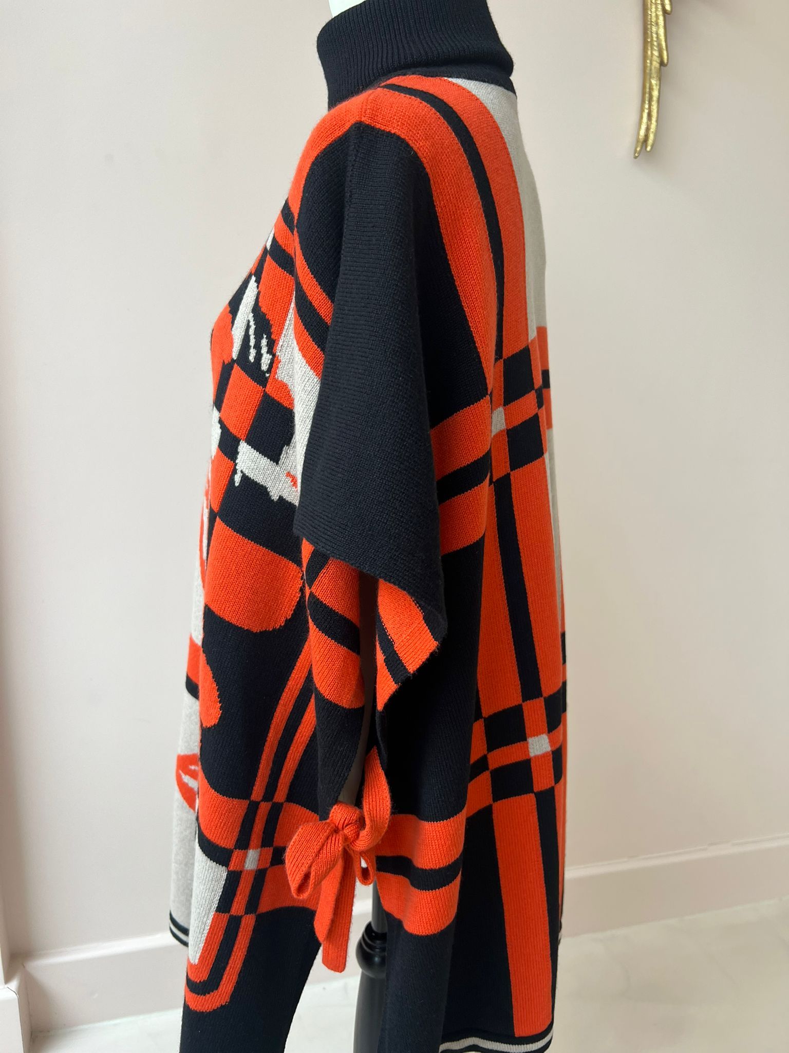 Hermes Orange and Black Cashmere Poncho Black Orange