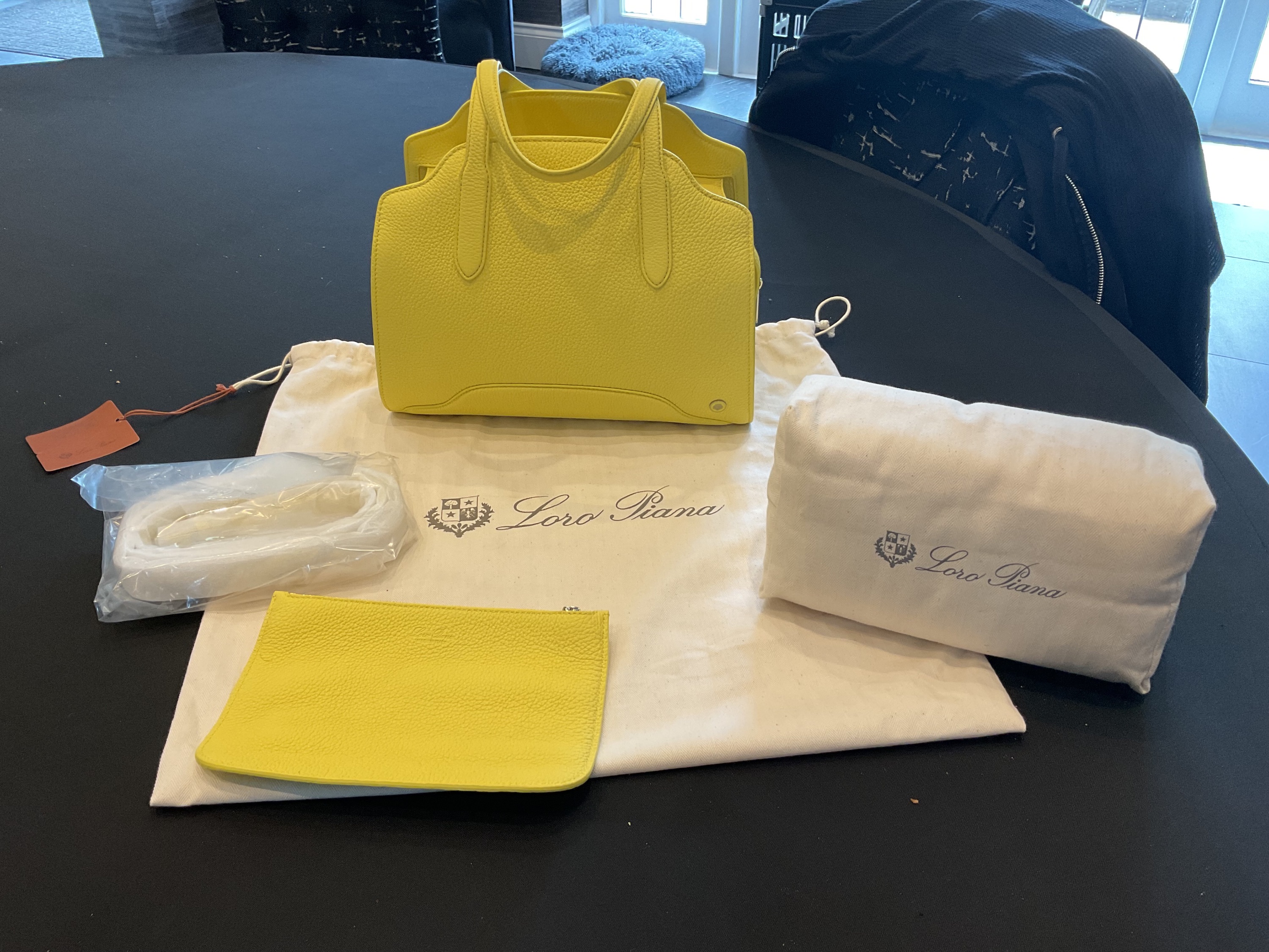 Loro Piana Grained Leather Yellow Sesia Bag Size M