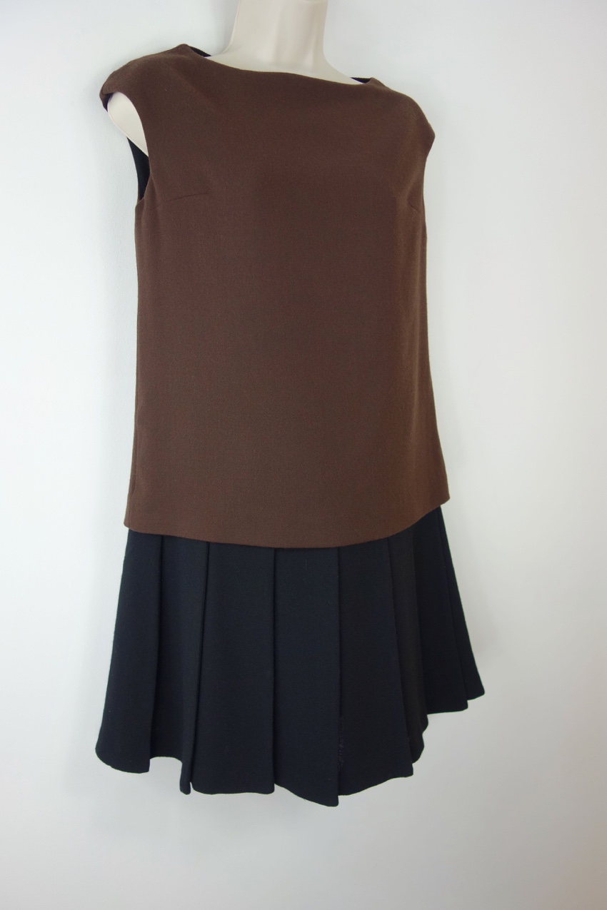 Preowned Ermanno Scervino Pleated Contrast Underskirt Sleeveless Mini Dress Size S Tan/Brown wool