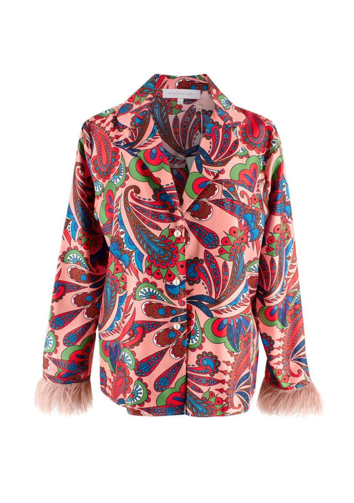 Borgo De Nor Pink Paisley Eden Blouse with Feather Trim Detail Size S pink multicolor silk/ostrich feathers