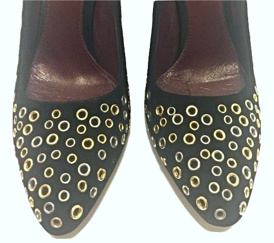 Preowned Prada Black and Gold Eyelet Pumps Size 365 suede