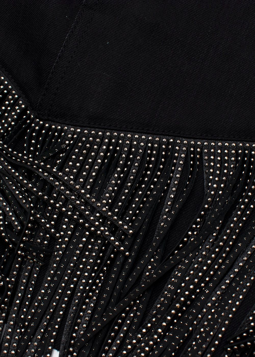 Preowned Saint Laurent Black Denim Skirt with Silver Studded Leather Fringing Size 28/71 black silver cotton