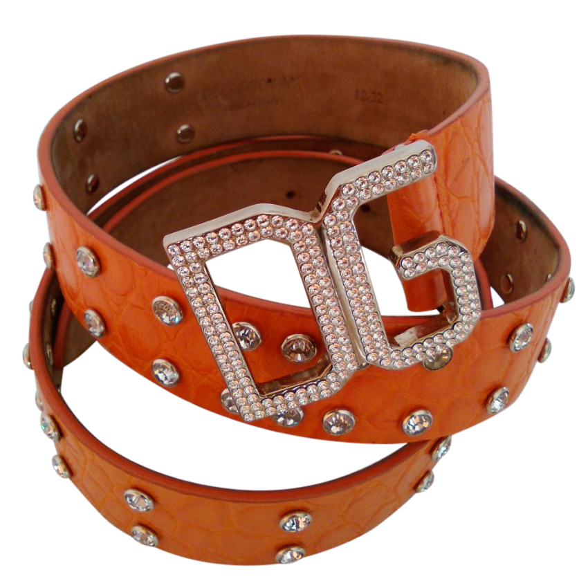 Preowned Dolce  Gabbana Leather Belt Swarovski Embellished Size M Orange