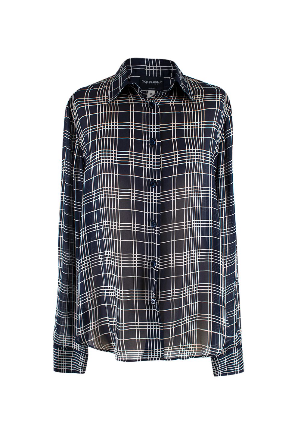 Giorgio Armani Navy and White Checked Sheer Silk Shirt Size L navy white