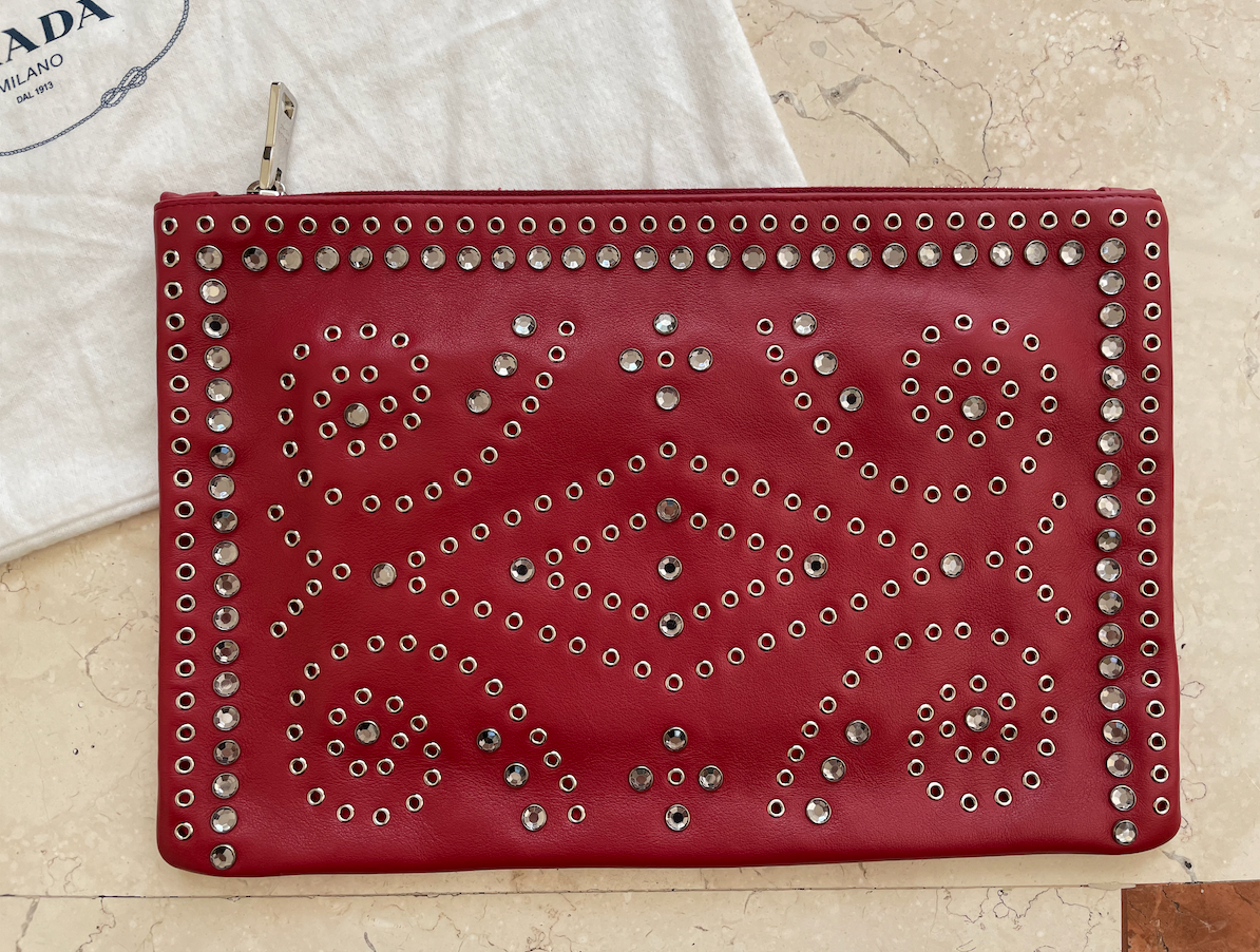 Preowned Prada Red Leather Eyelet Clutch Bag