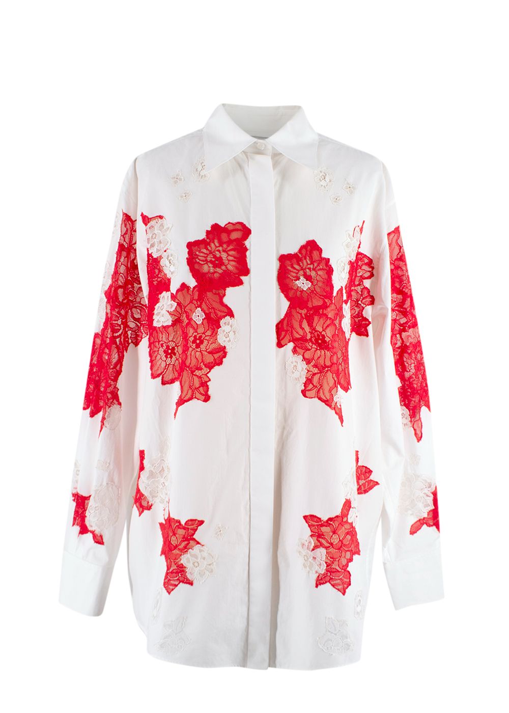 Valentino White Cotton Lace Embroidered Shirt Size XS White and Red