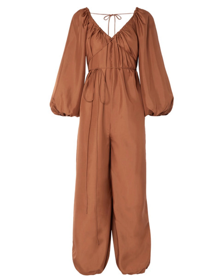 Three Graces London Nora Silk Habotai Camel Jumpsuit Size M Tan