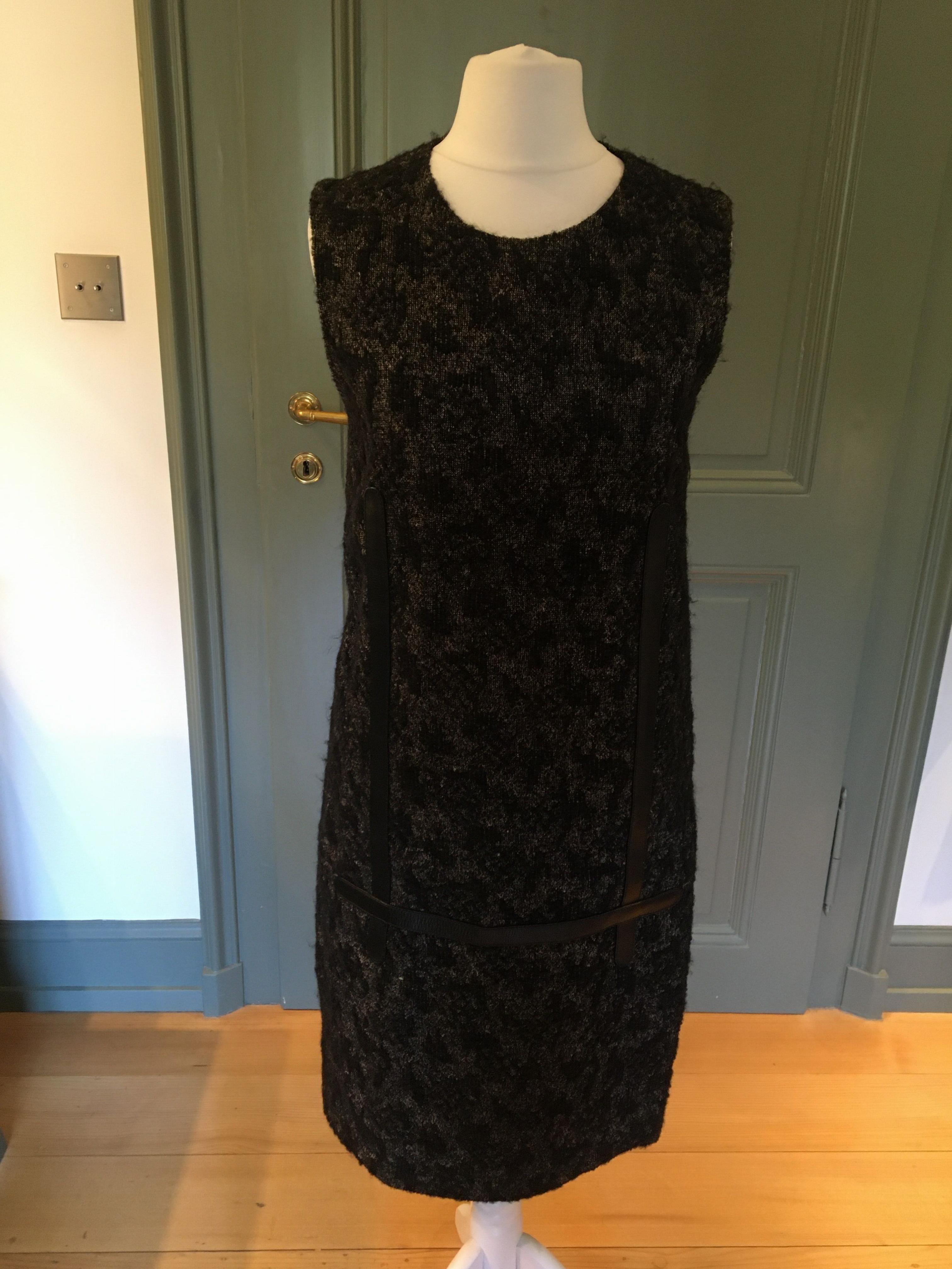 Preowned Bottega Veneta Black Boucle Tweed Leather Trim Dress Size XS