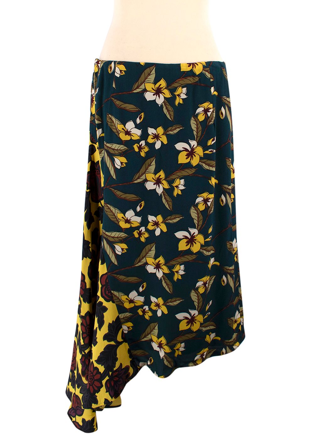 Weekend MaxMara Teal and Yellow Floral Skirt Size XL forest green yellow silk