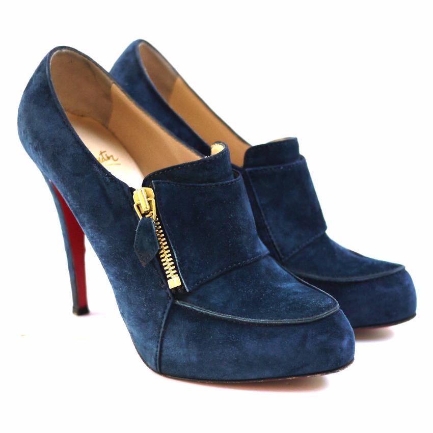 Preowned Christian Louboutin Blue Lapono Suede Leather Ankle Boots Size 375