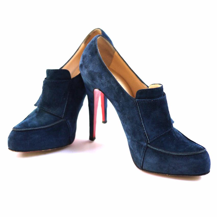 Preowned Christian Louboutin Blue Lapono Suede Leather Ankle Boots Size 375