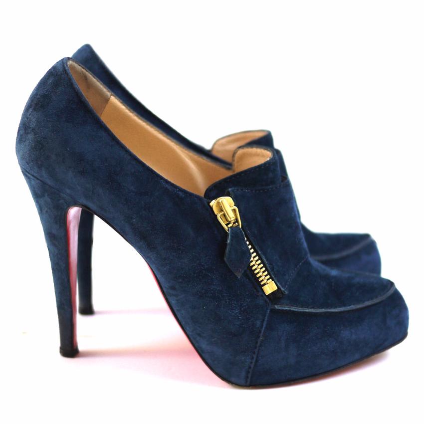 Preowned Christian Louboutin Blue Lapono Suede Leather Ankle Boots Size 375