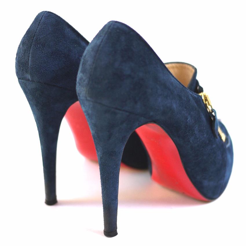 Preowned Christian Louboutin Blue Lapono Suede Leather Ankle Boots Size 375