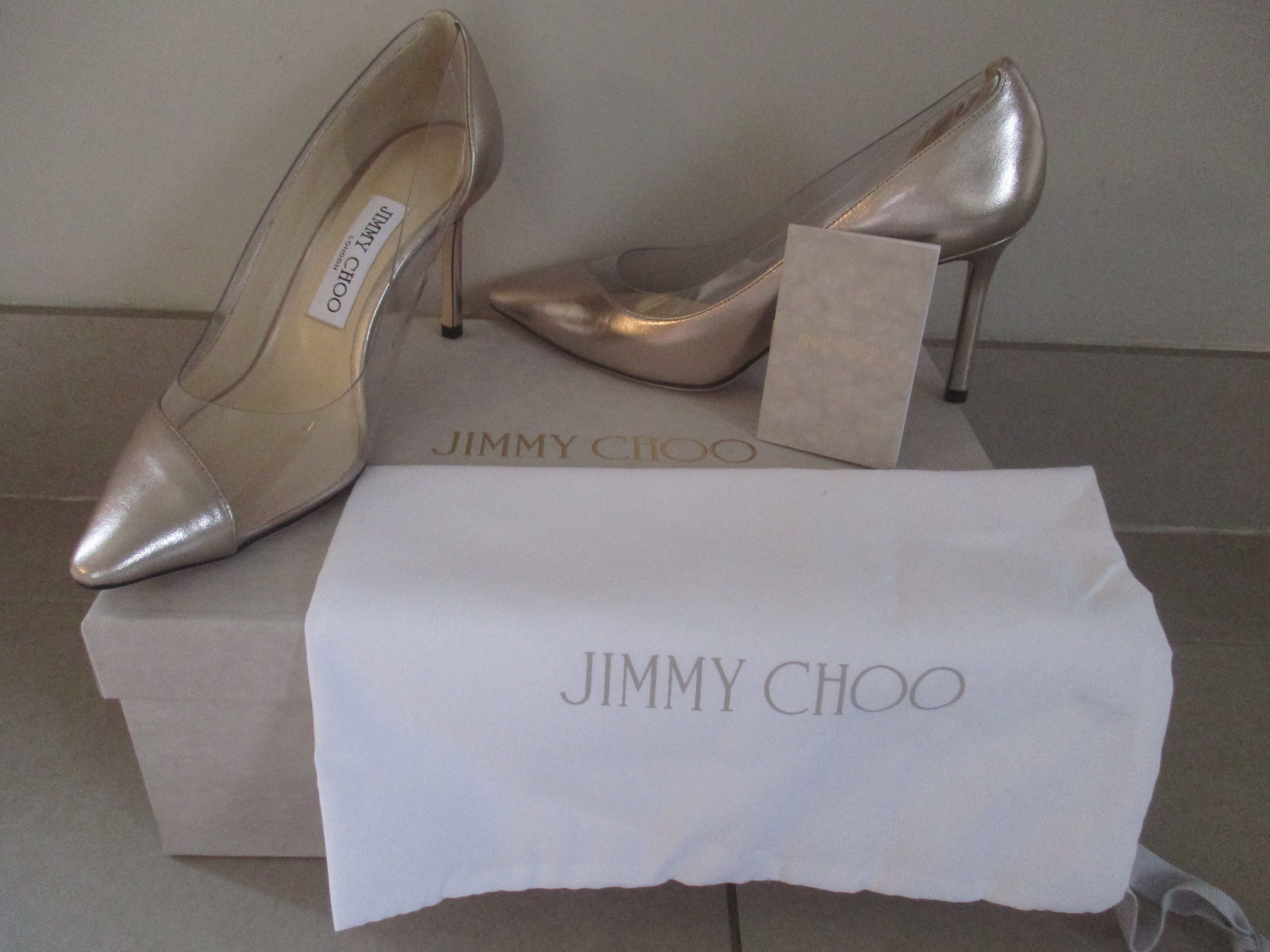 Jimmy Choo Leather Romy 85 Plexi Pumps Size 365 Silver