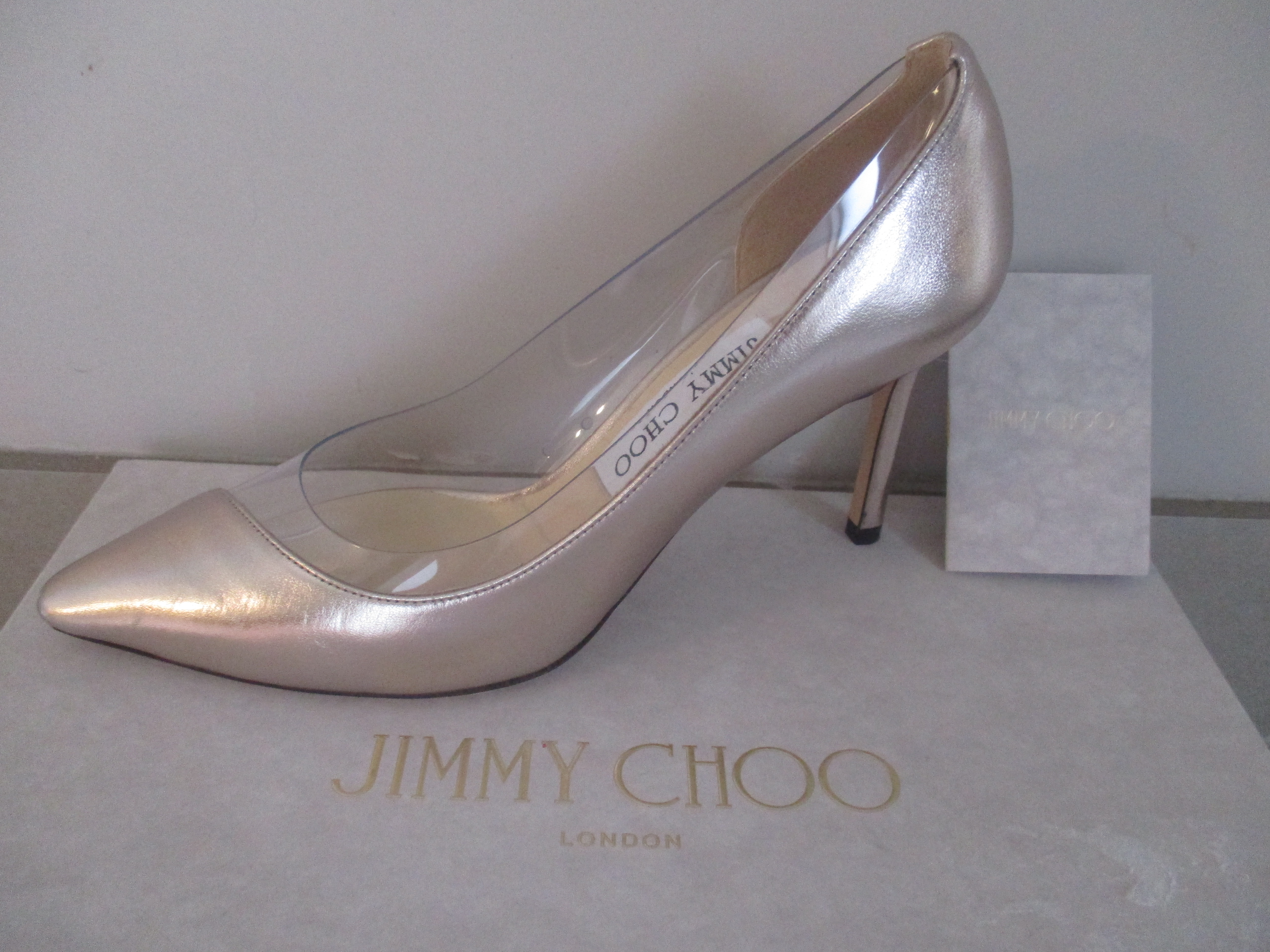 Jimmy Choo Leather Romy 85 Plexi Pumps Size 365 Silver