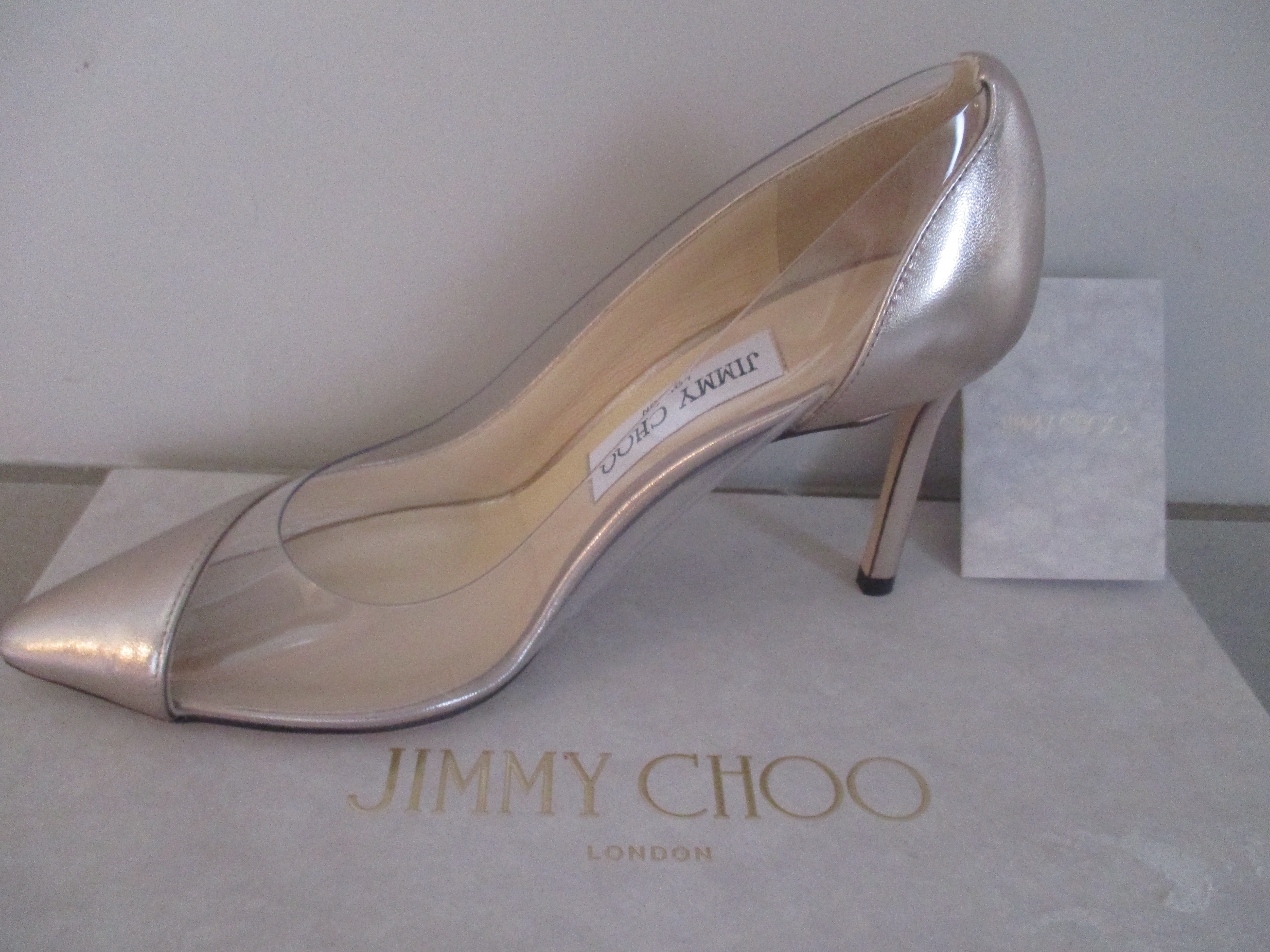 Jimmy Choo Leather Romy 85 Plexi Pumps Size 365 Silver