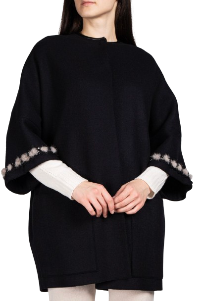 Preowned Agnona Black Cashmere Cape with Fur Trim Detail Size M