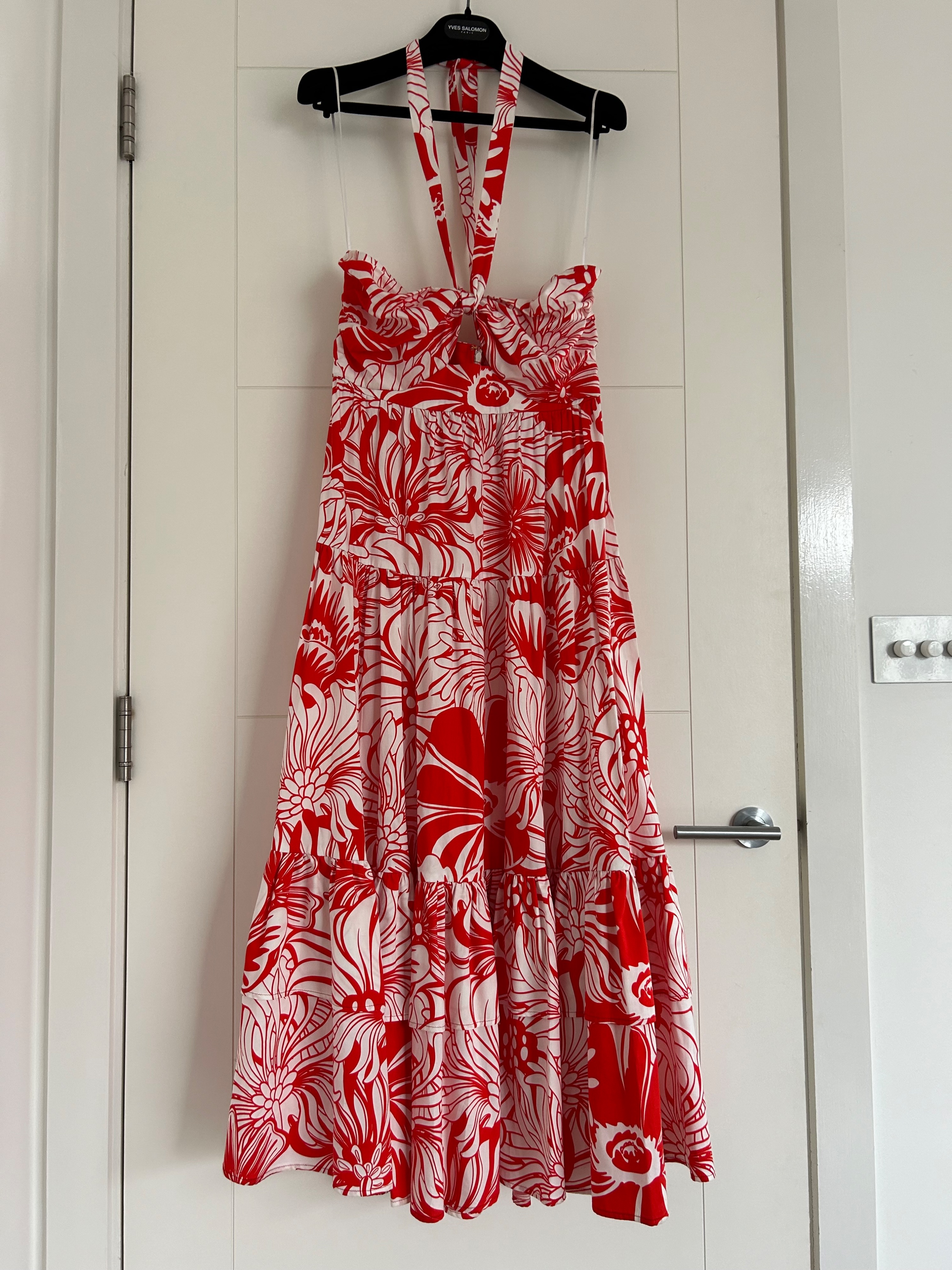 Borgo De Nor Calypso Red Marley Maxi Dress Size L Red and white cotton