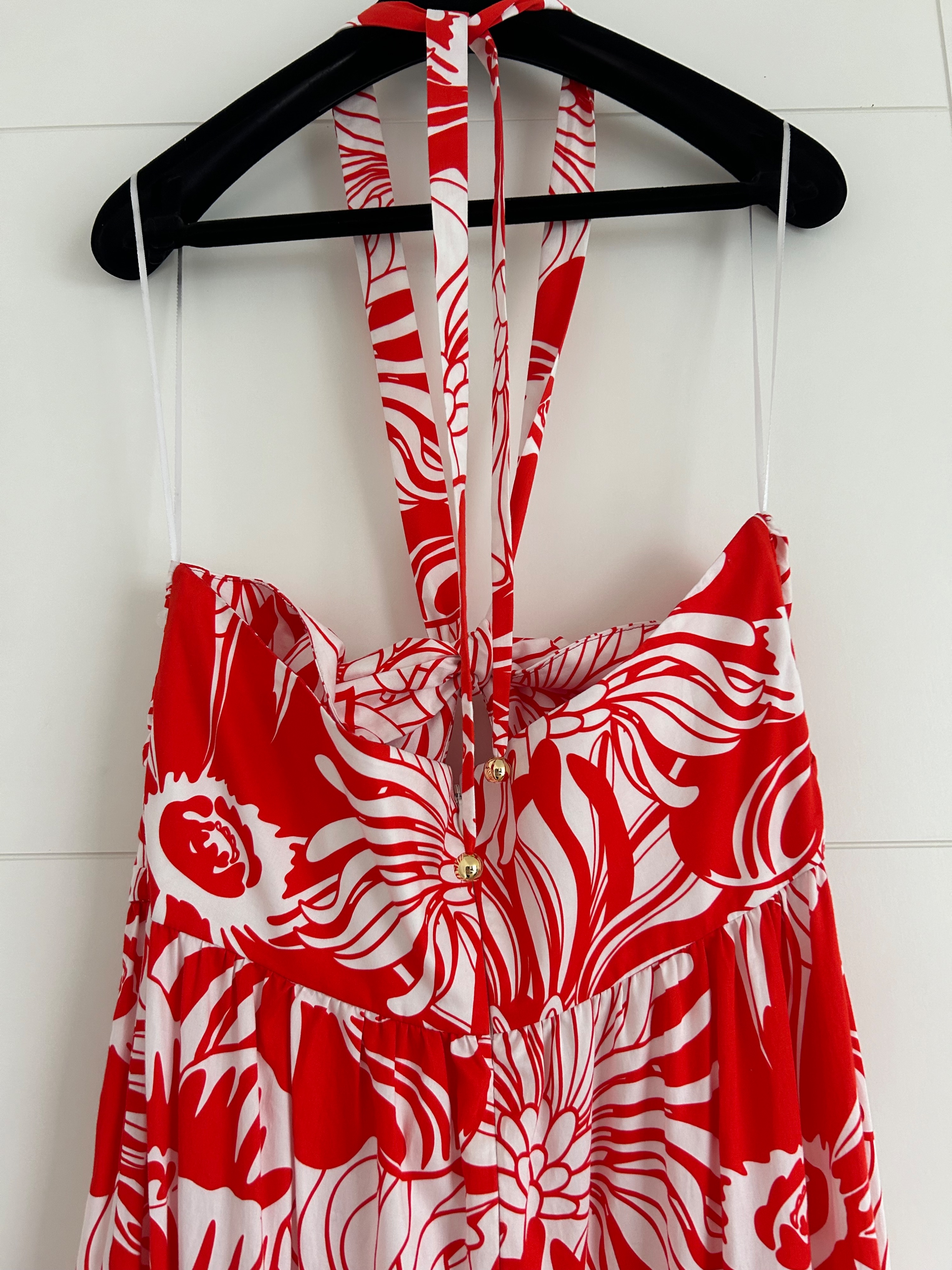 Borgo De Nor Calypso Red Marley Maxi Dress Size L Red and white cotton