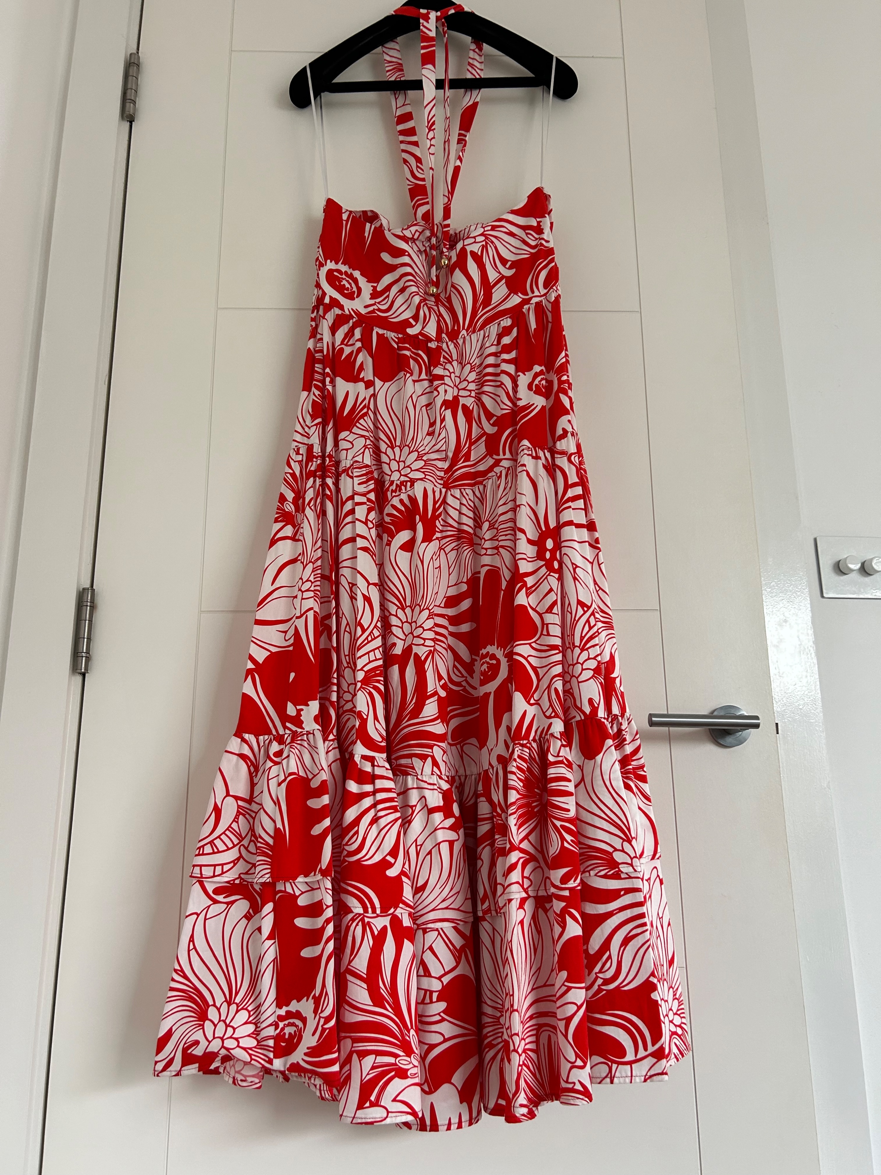 Borgo De Nor Calypso Red Marley Maxi Dress Size L Red and white cotton