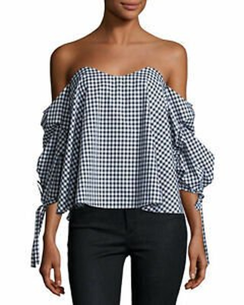 Preowned Caroline Constas Black Gingham Gabriella Bardot Top Size XS Black  White cotton