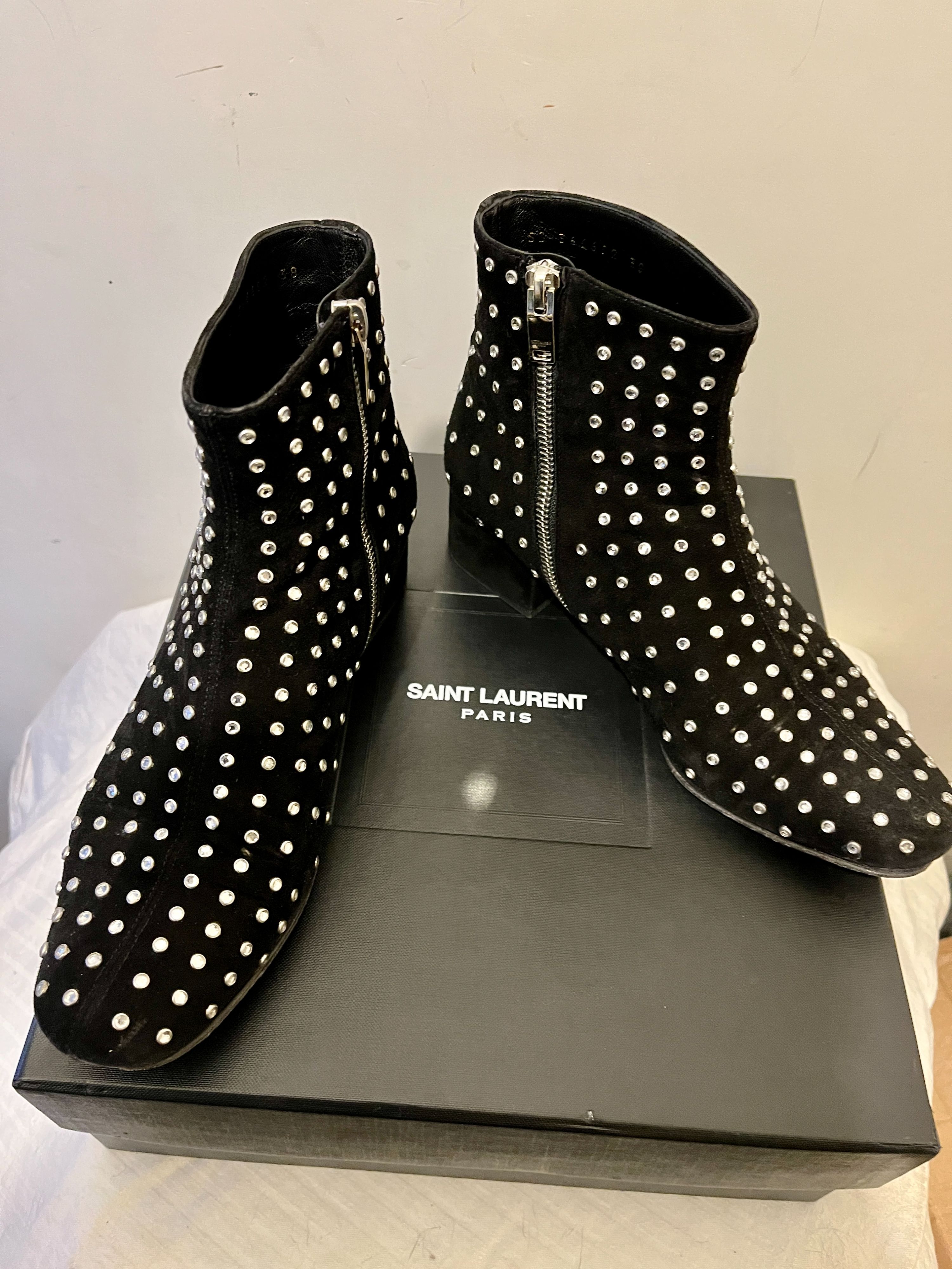 Preowned Saint Laurent Betty Studded Ankle Boots Size 38 Black suede/crystal