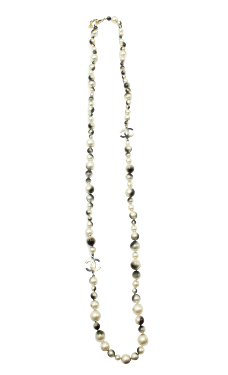 Chanel White and Black Faux Pearl Long Necklace