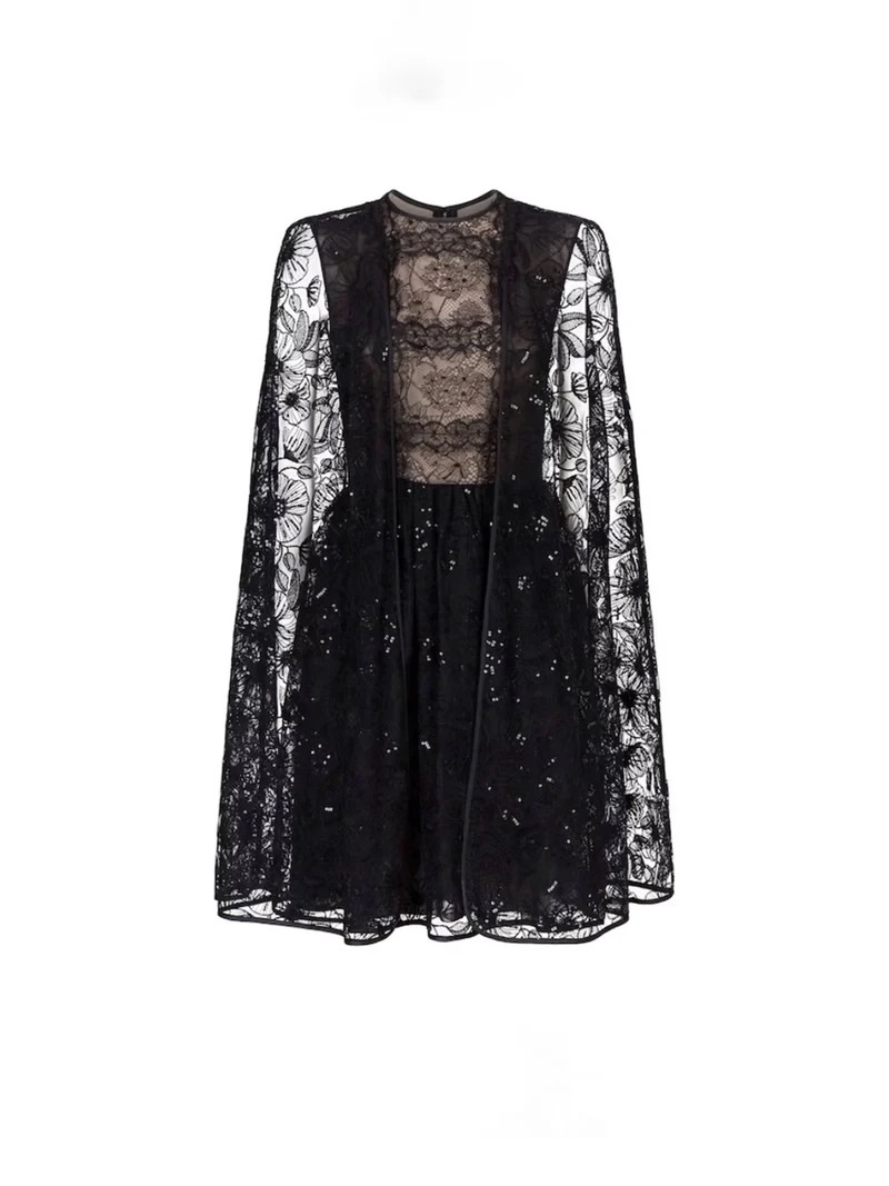 Preowned Giambattista Valli Black Lace Cape Dress Size S silk