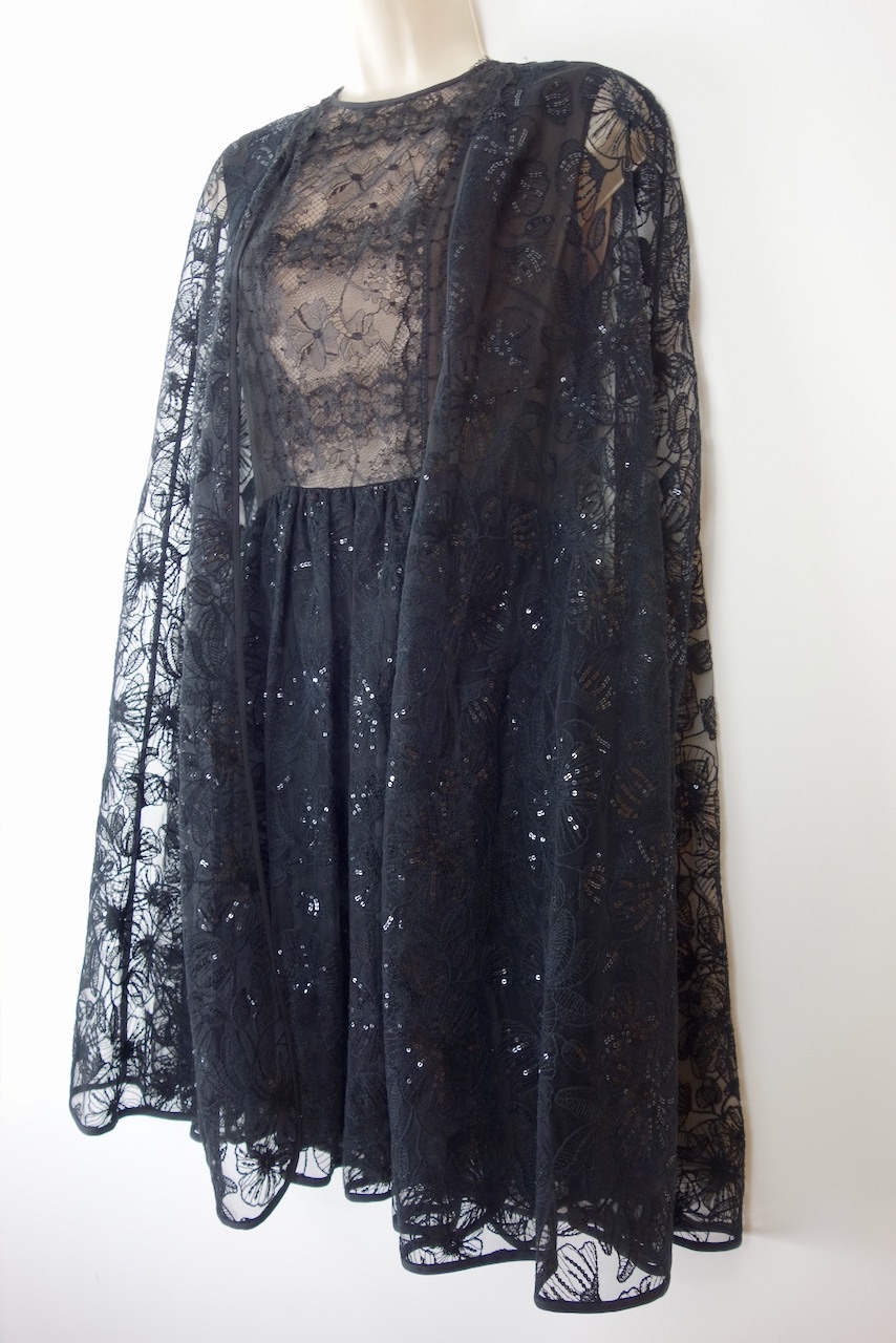 Preowned Giambattista Valli Black Lace Cape Dress Size S silk