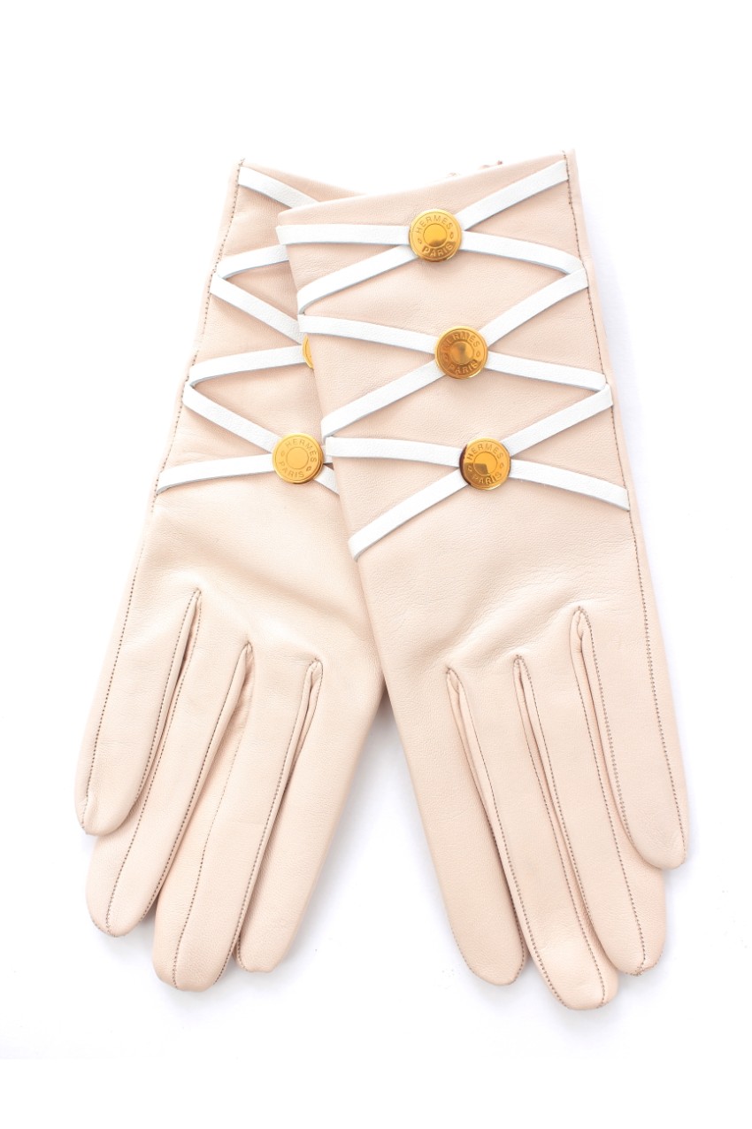 Hermes Lace-Up Beige Leather Gloves Beige/Nude