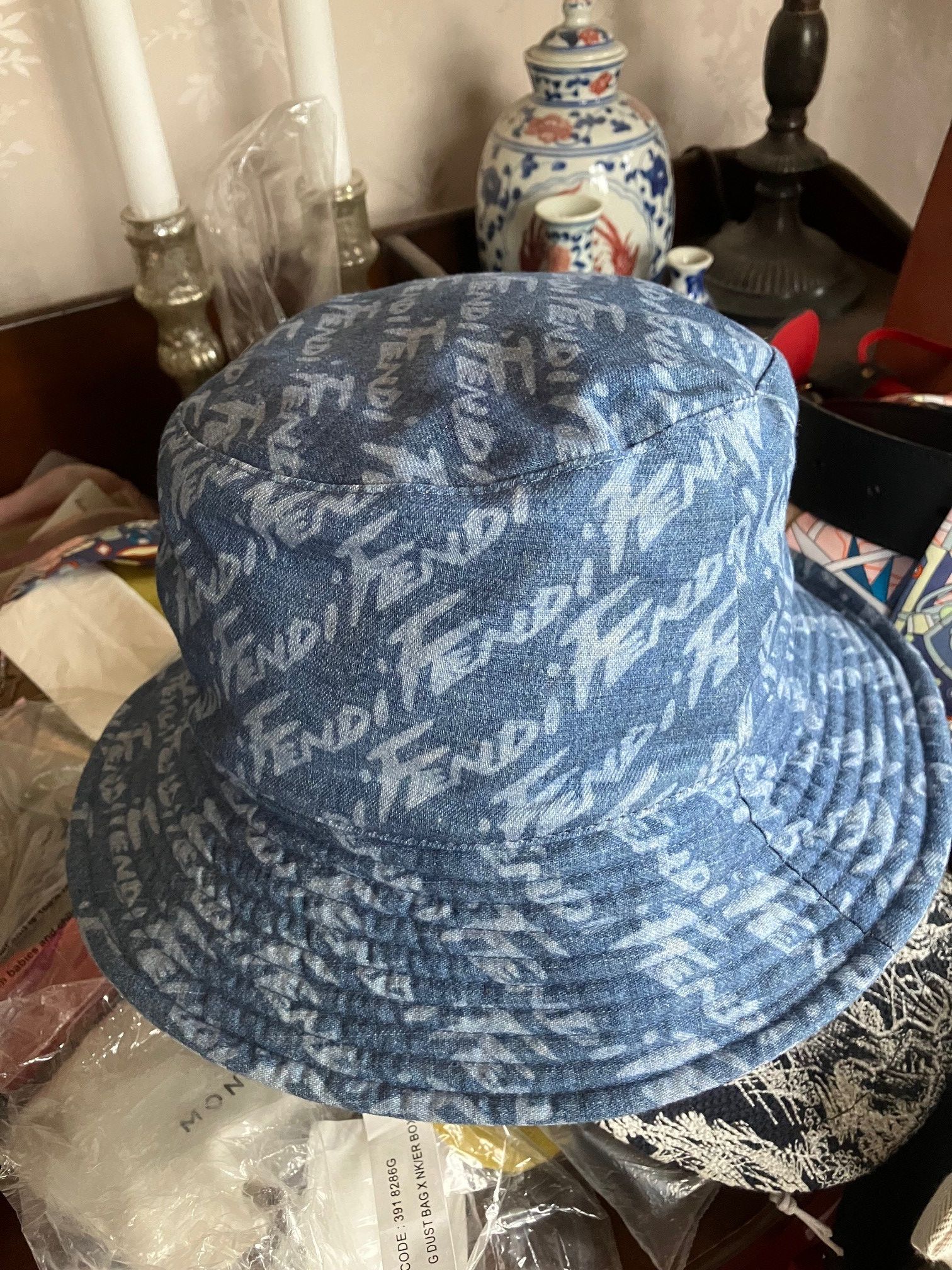 Preowned Fendi Logo Denim Bucket Hat Size S Blue cotton