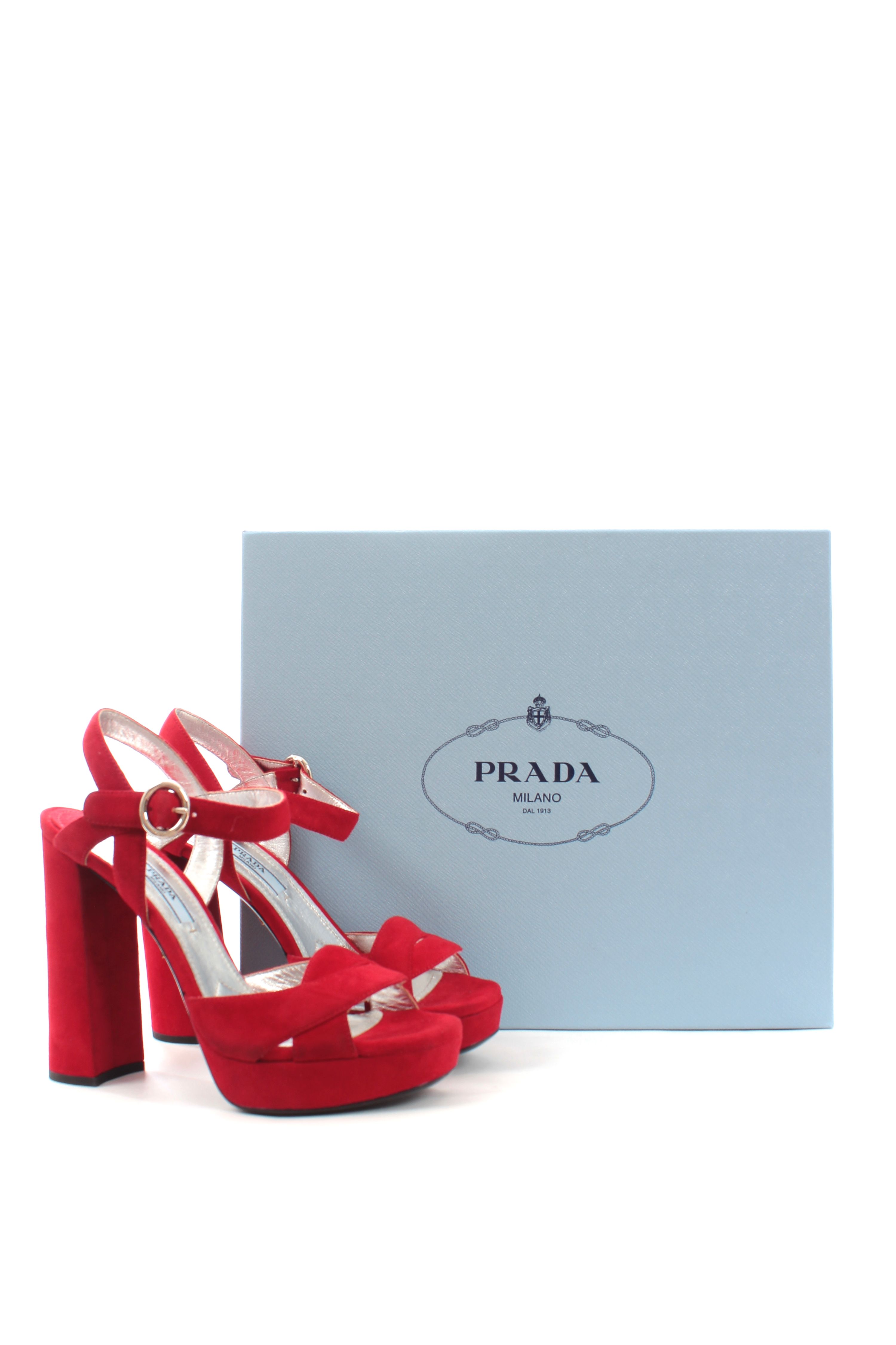 Preowned Prada Red Suede Platform Sandals Size 35 leather