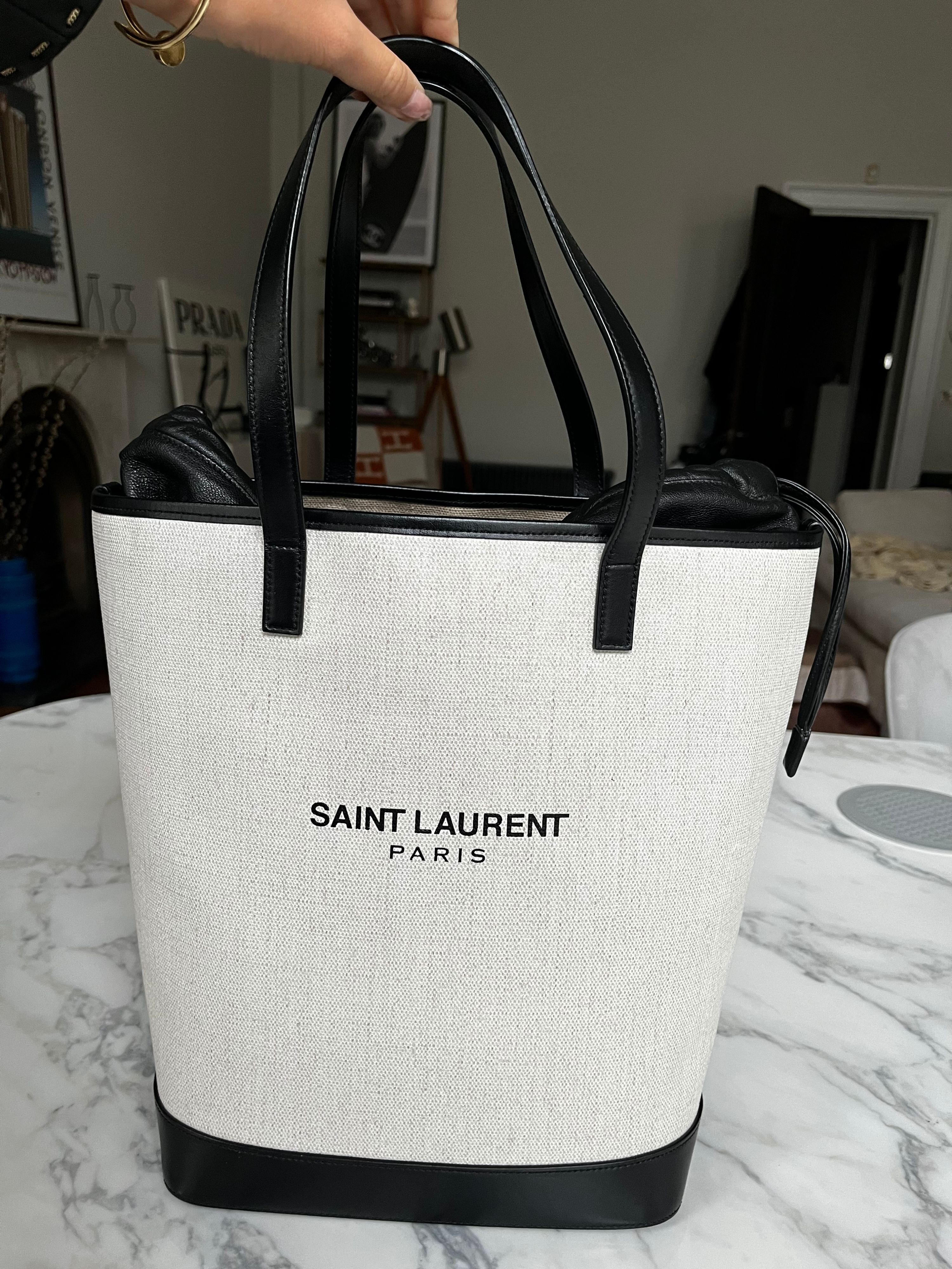 Preowned Saint Laurent Teddy Canvas Shopper Tote Beige