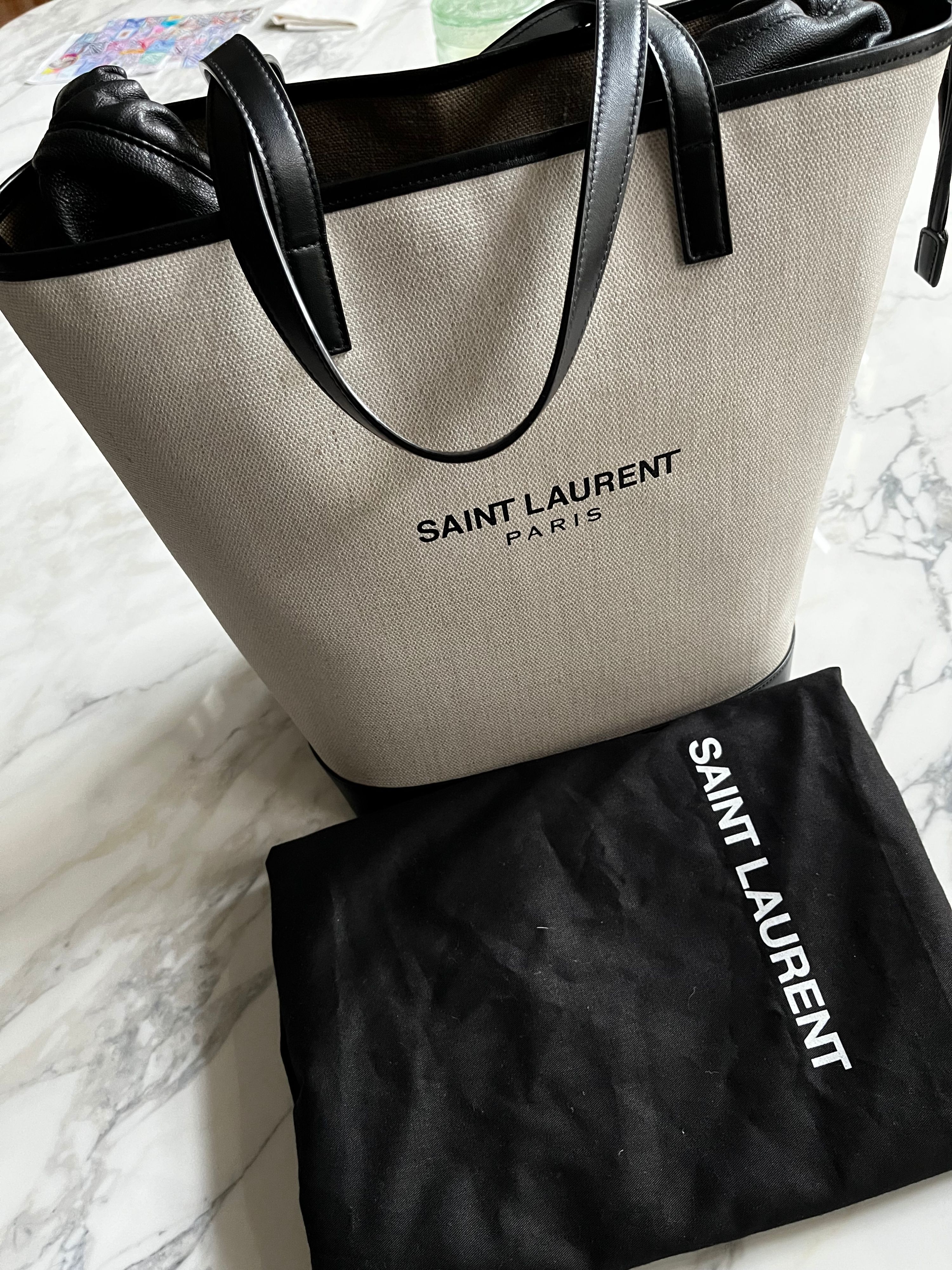 Preowned Saint Laurent Teddy Canvas Shopper Tote Beige