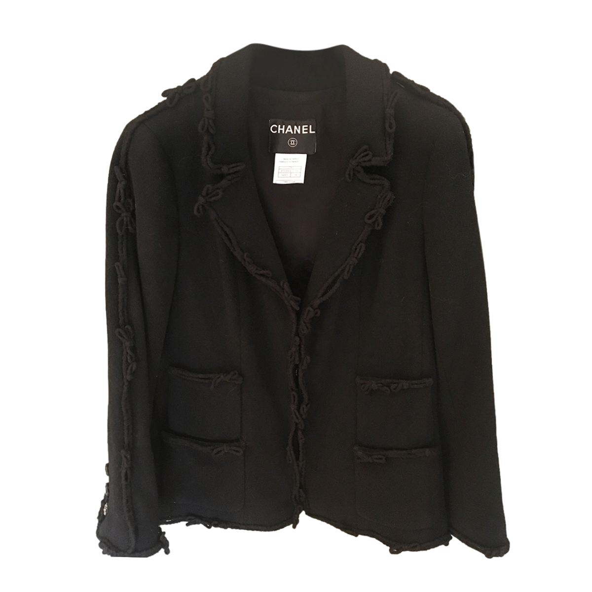 Preowned Chanel Black Wool Blend Bow Trimmed Jacket Size XS