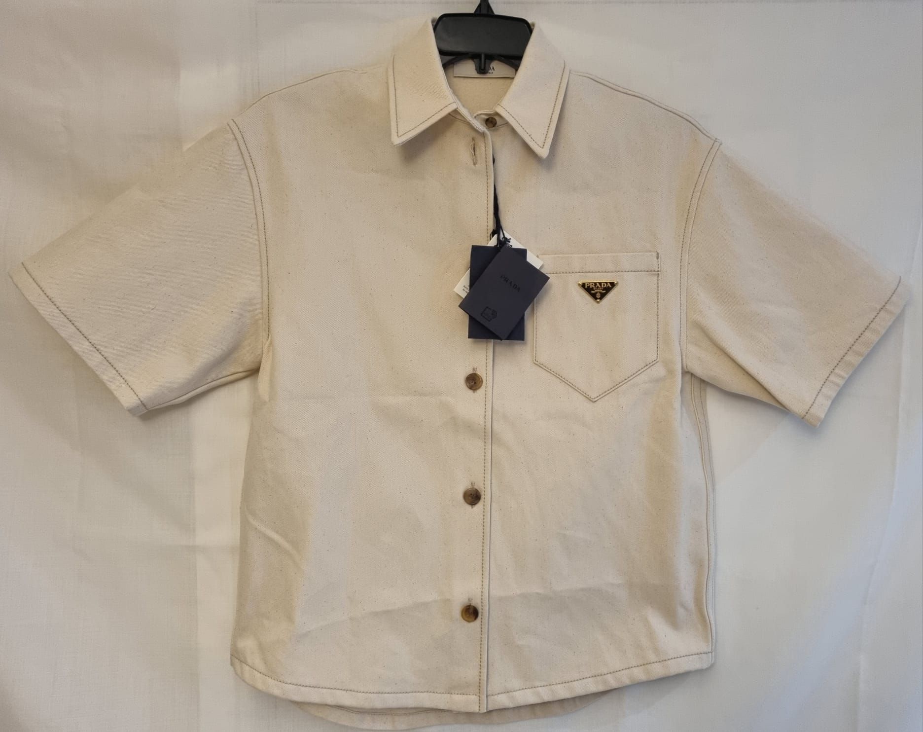 Prada Cream Canvas Short Sleeve Shirt Size S cotton