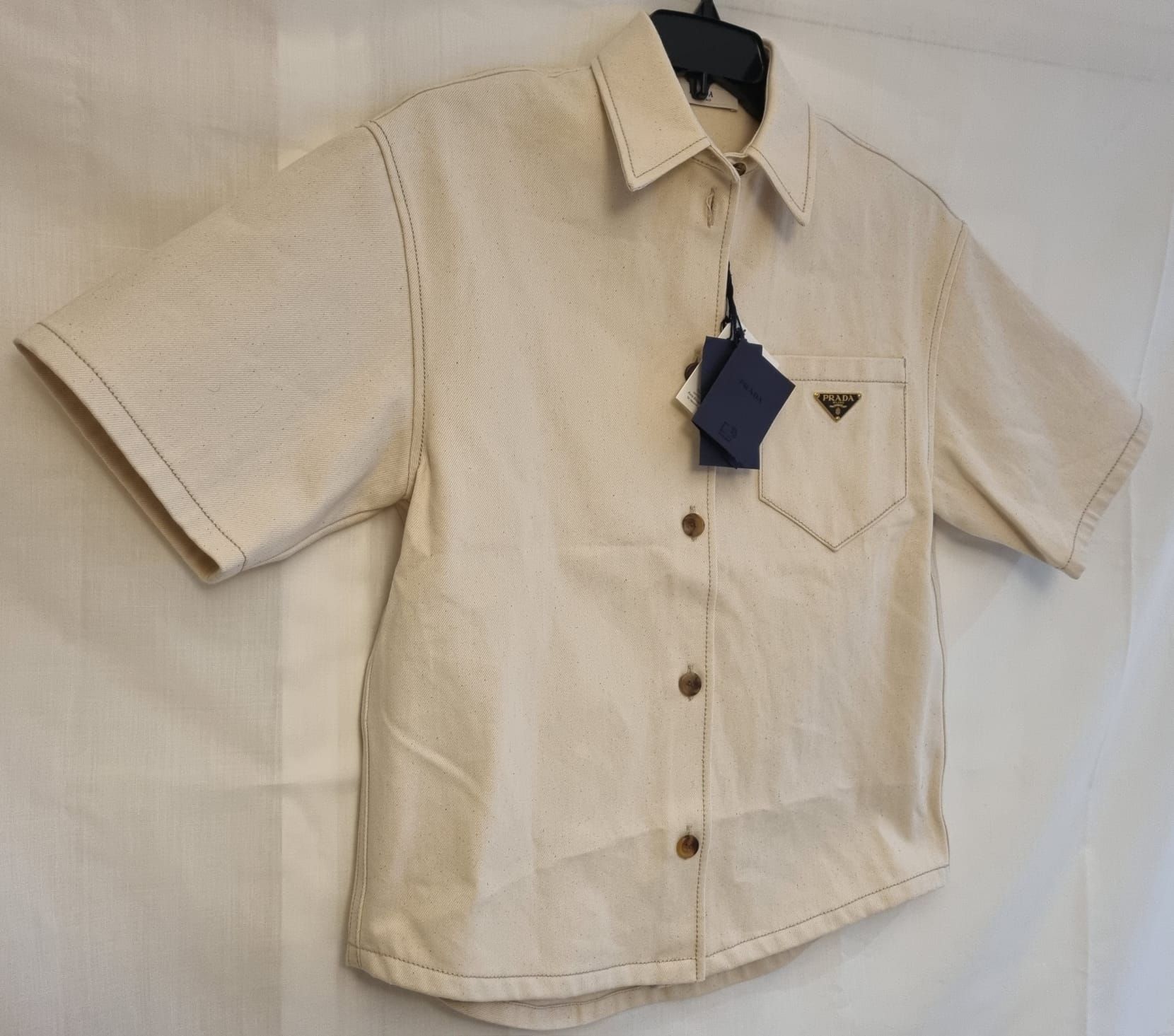 Prada Cream Canvas Short Sleeve Shirt Size S cotton