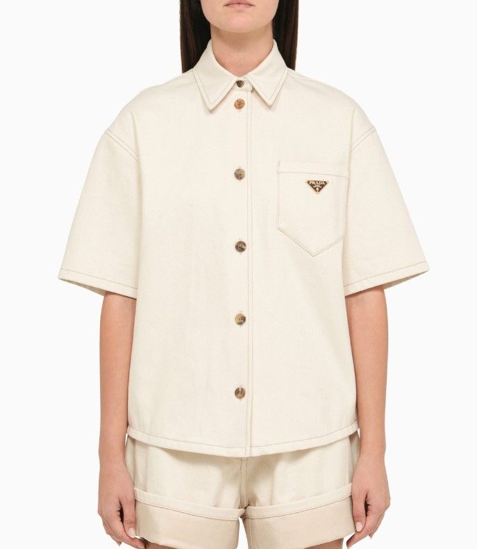 Prada Cream Canvas Short Sleeve Shirt Size S cotton