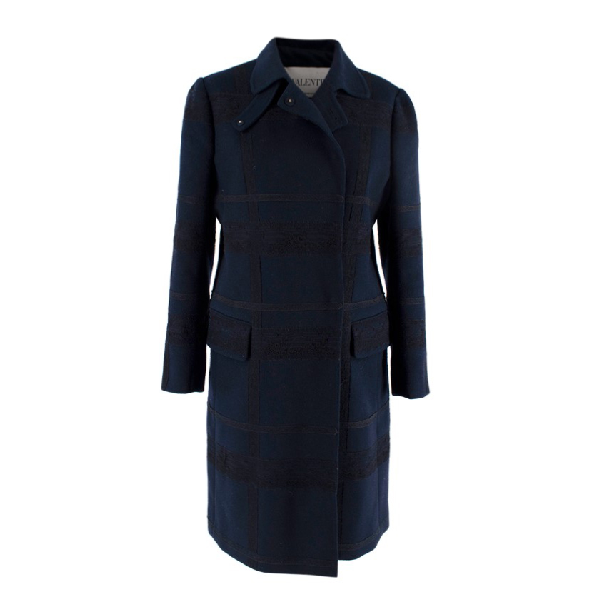 Preowned Valentino Navy Double Faced Wool Lace Trimmed Coat Size XXS Blue