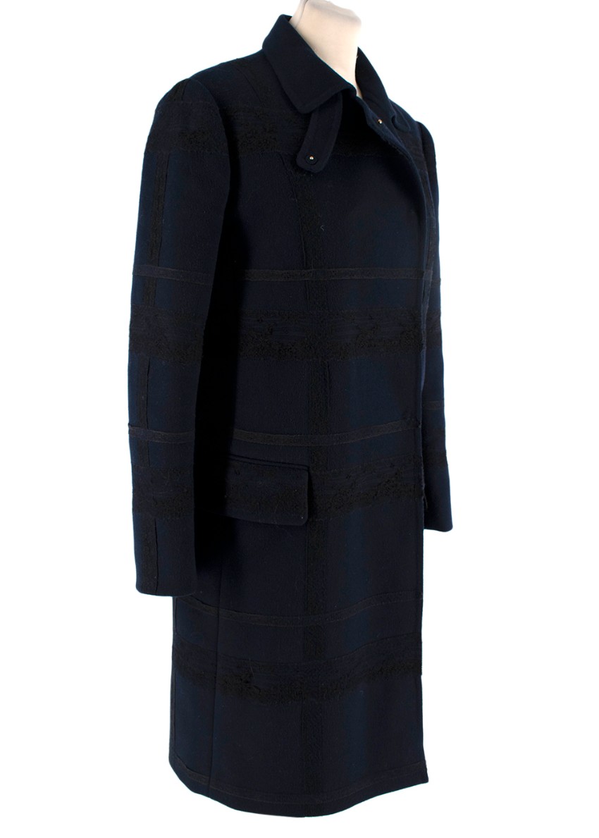 Preowned Valentino Navy Double Faced Wool Lace Trimmed Coat Size XXS Blue