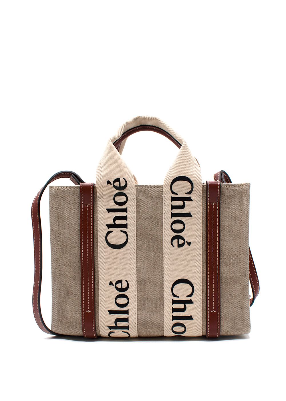 Chloe Small Woody Linen Tote Bag beige.brown main body/linen