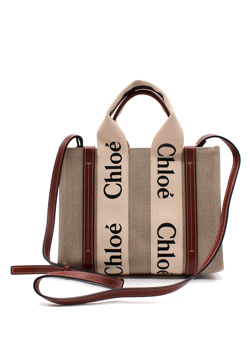 Chloe Small Woody Linen Tote Bag beige.brown main body/linen