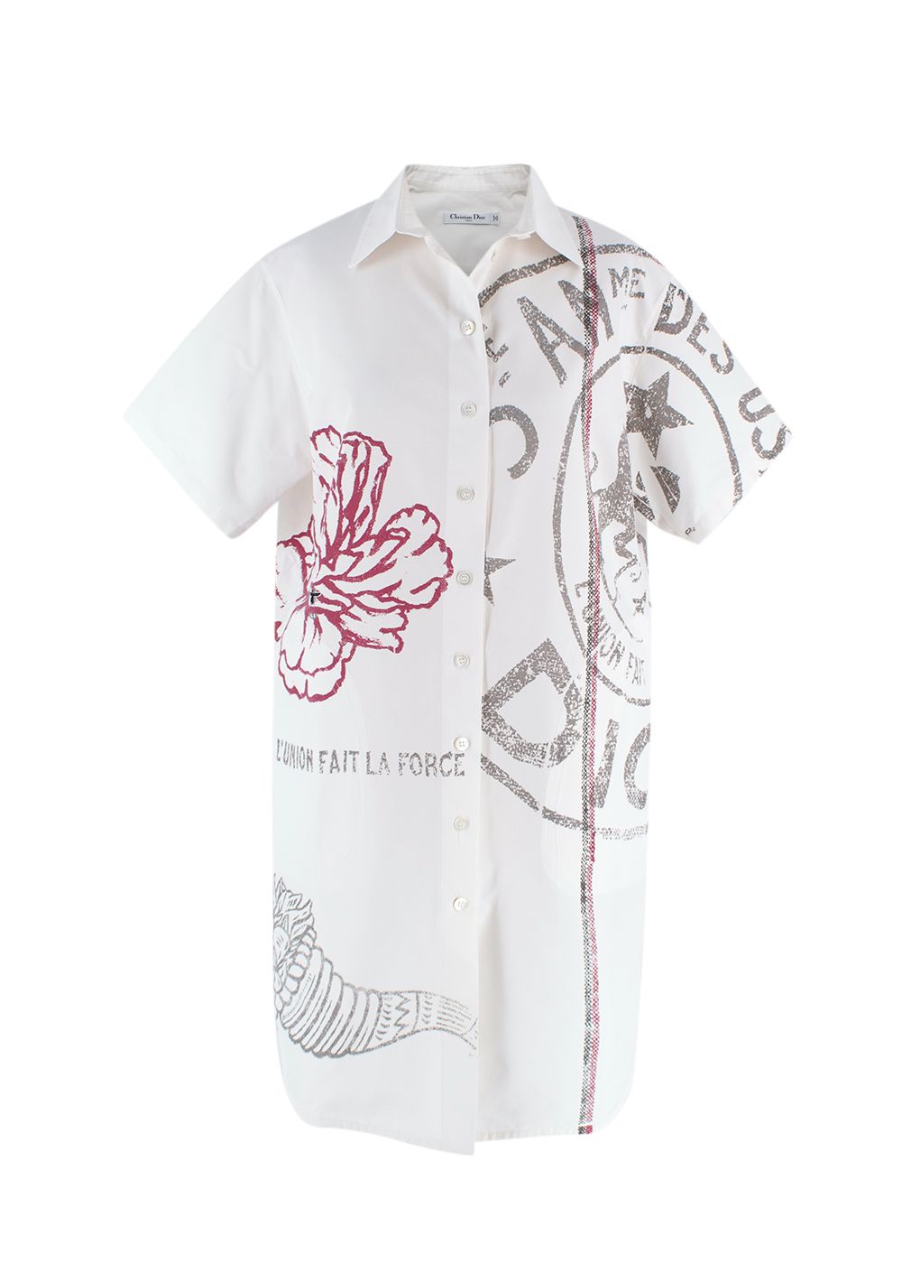 Christian Dior White Graphic L'Union Faith La Force Shirt Dress Size XS cotton/silk