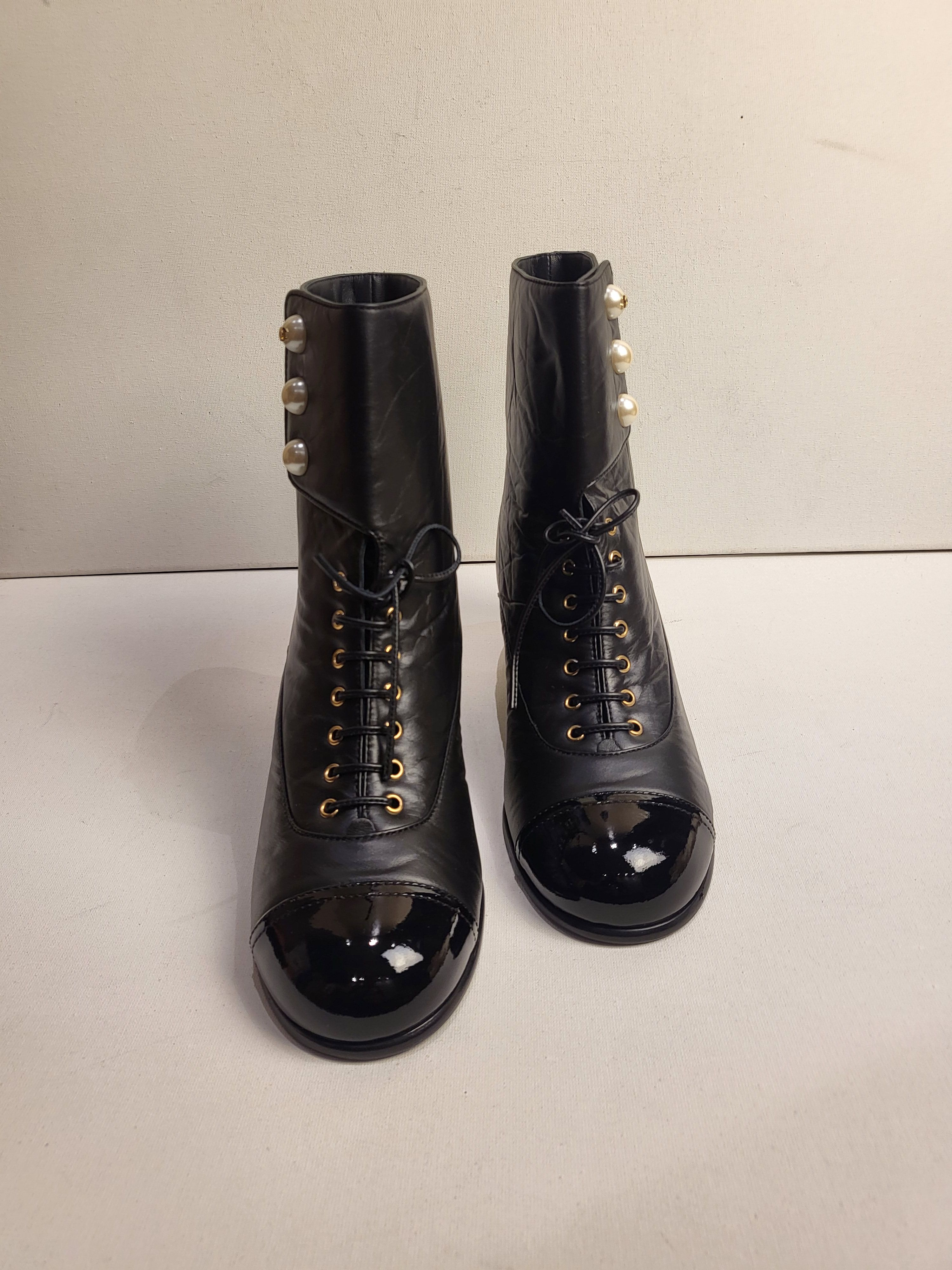 Chanel Black Leather Lace Up Combat Boots with Pearl Detailing Size 40