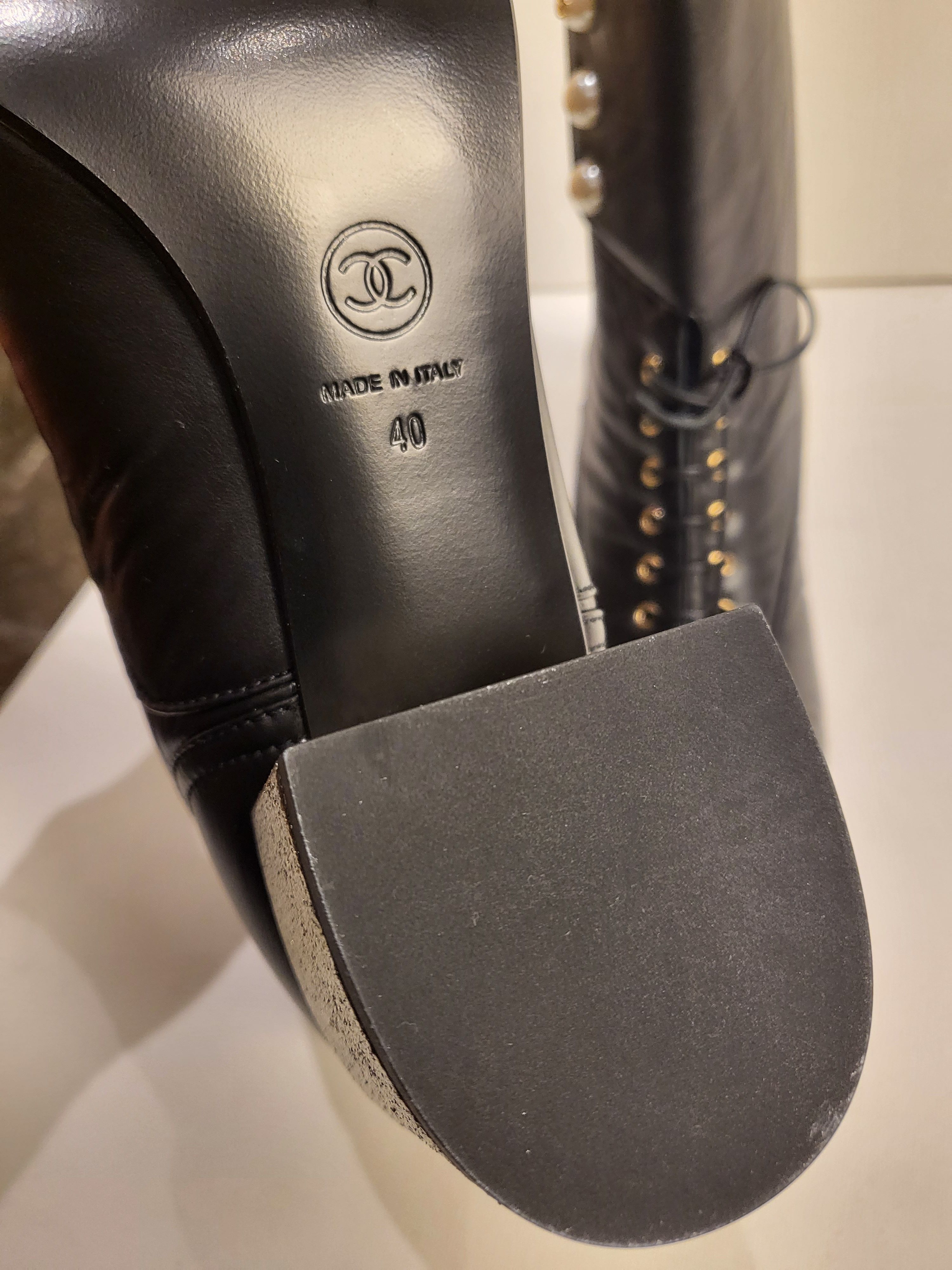 Chanel Black Leather Lace Up Combat Boots with Pearl Detailing Size 40