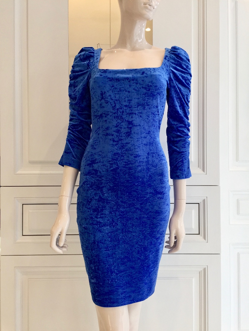 French Couture Electric Blue Panne Velvet Dress Size S