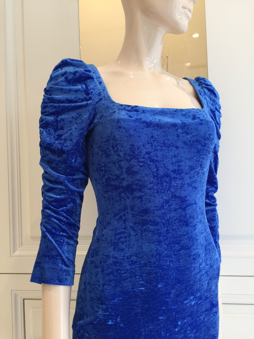 French Couture Electric Blue Panne Velvet Dress Size S