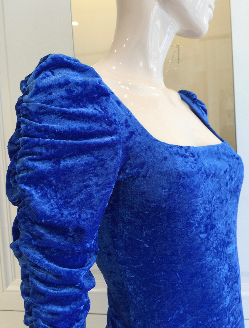 French Couture Electric Blue Panne Velvet Dress Size S